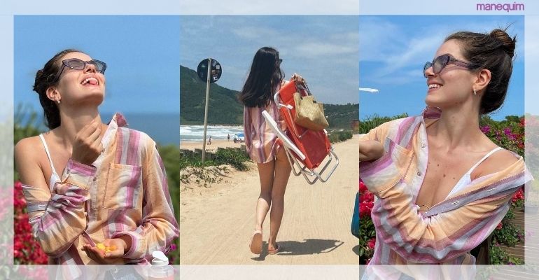 Camila Queiroz usa camisa como saída de praia