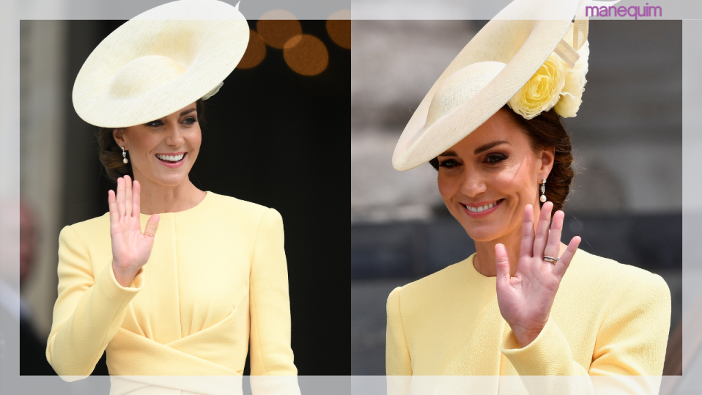 Kate Middleton escolhe vestido elegante amarelo e chapéu de flores