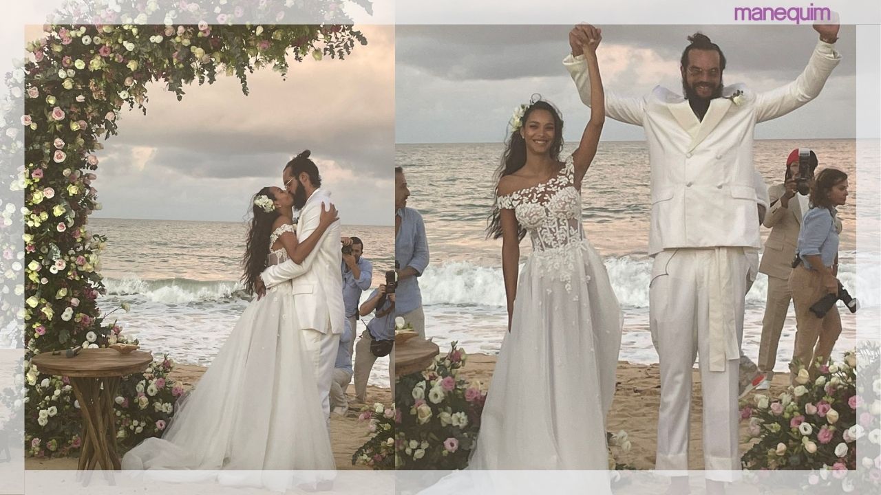 Com vestido de noiva que mistura o clássico com o praiano, supermodelo Lais Ribeiro - Créditos BUDUNKY
