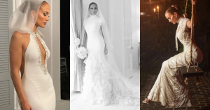 Plumas, brilho e pérolas: Jennifer Lopez em três vestidos de noiva luxuosos