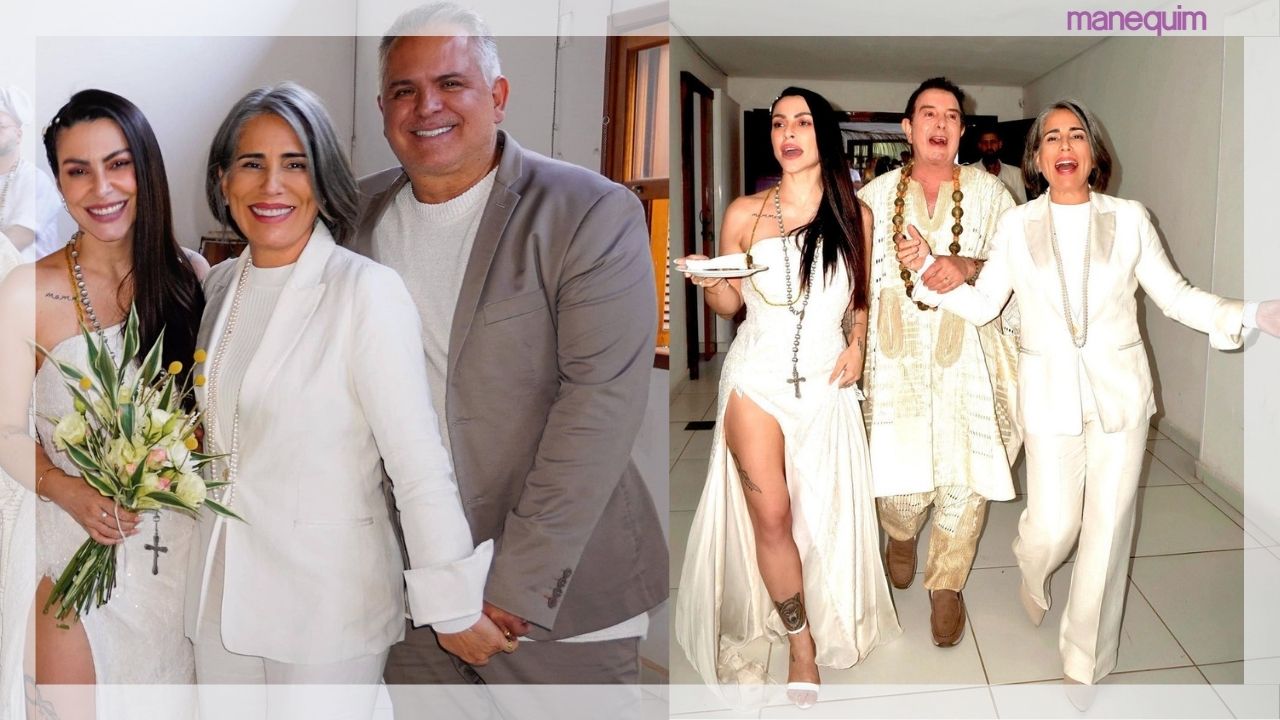 Glória Pires usa conjunto branco de alfaiataria em casamento de Cleo