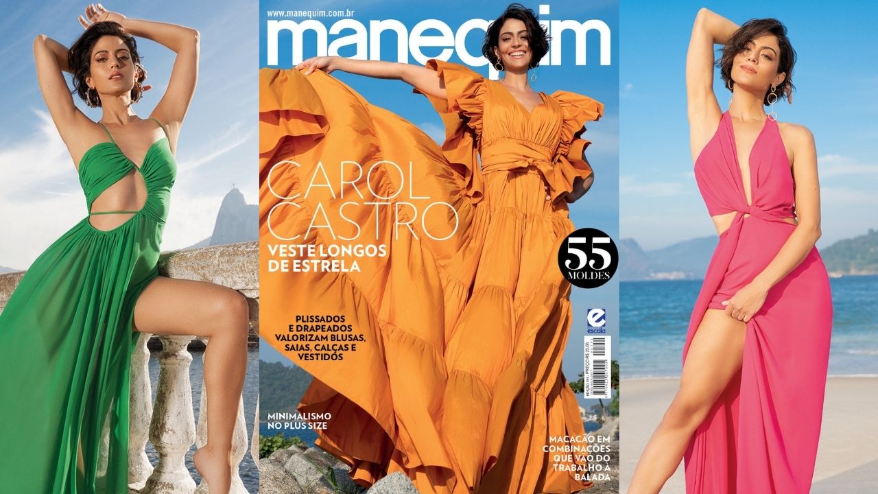 Capa da Revista Manequim, Carol Castro arrasa com vestidos de cortes ousados, tecidos leves e modelagens fartas