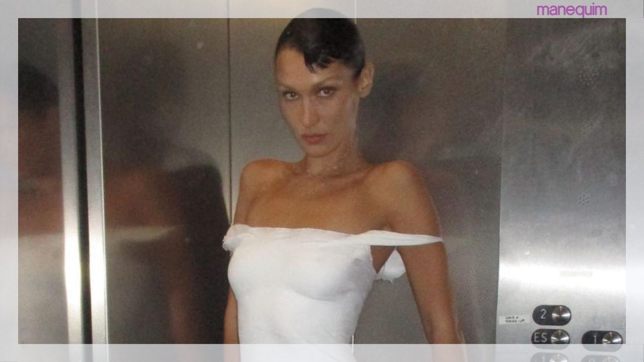 Bella Hadid tem vestido feito ao vivo com sprays tinta no desfile da Coperni no Paris Fashion Week