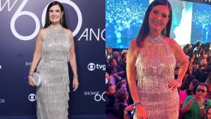 Fátima Bernardes repete look brilhante e cheio de movimento para 60 anos da TV Globo