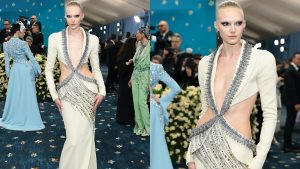 Modelo Alex Consani brilha, literalmente, com vestido de mais de 18 mil cristais Swarovski