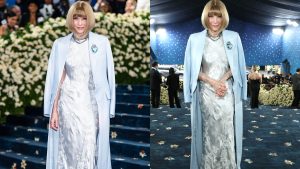 Anna Wintour usa visual claro e um vestido branco luxuoso, mas mancha na roupa chamou atenção