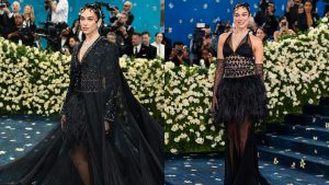 Transformou no MET! Dua Lipa surge belíssima com vestido preto e faz transformação no look
