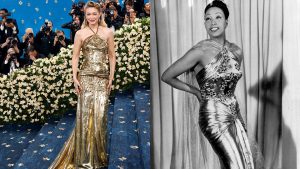 Com look dourado, Gigi Hadid homenageia primeira atriz negra em Hollywood no MET Gala